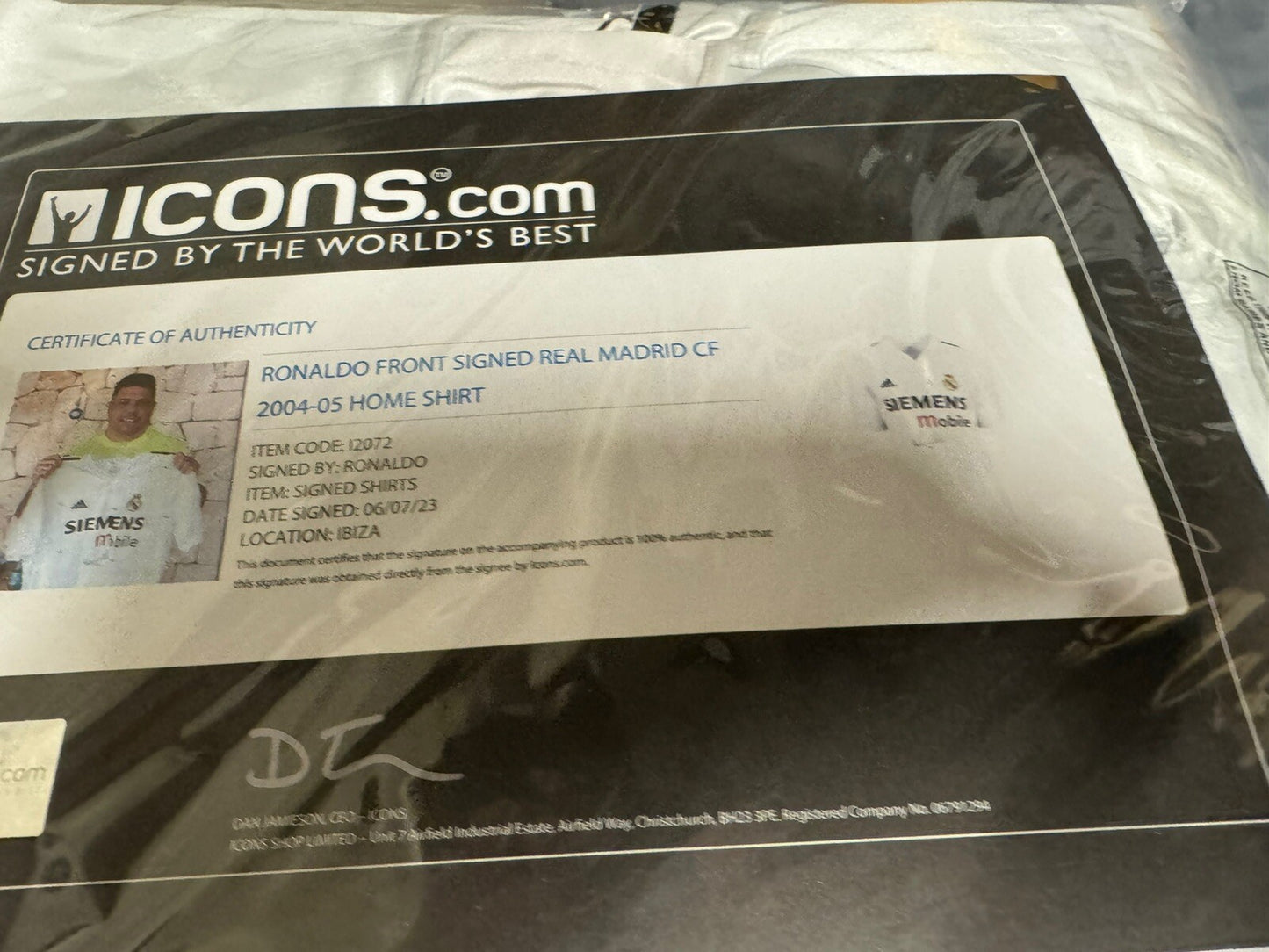 Ronaldo Nazario front signed Real Madrid jersey with Icons certificate