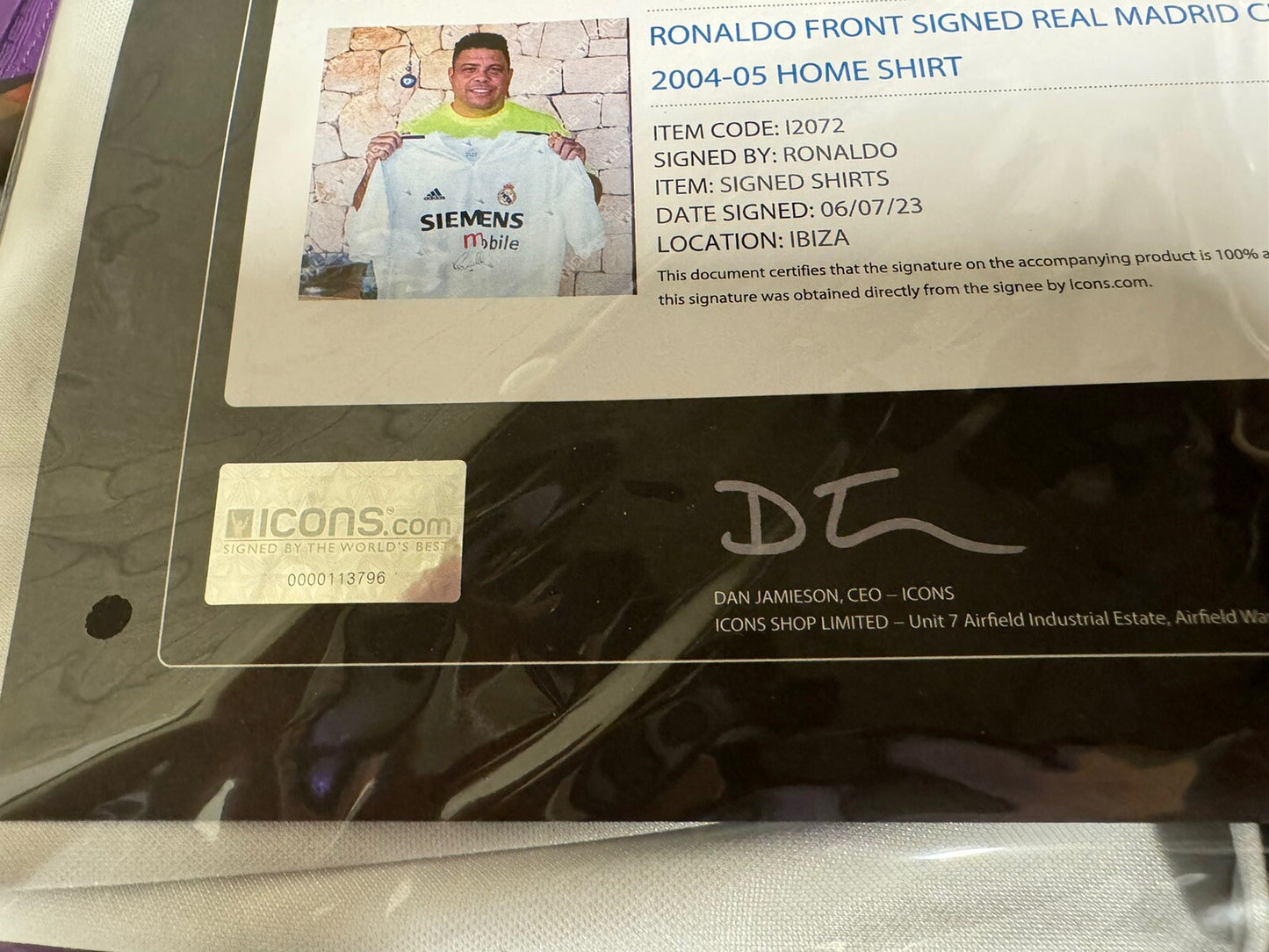 Ronaldo Nazario front signed Real Madrid jersey with Icons certificate