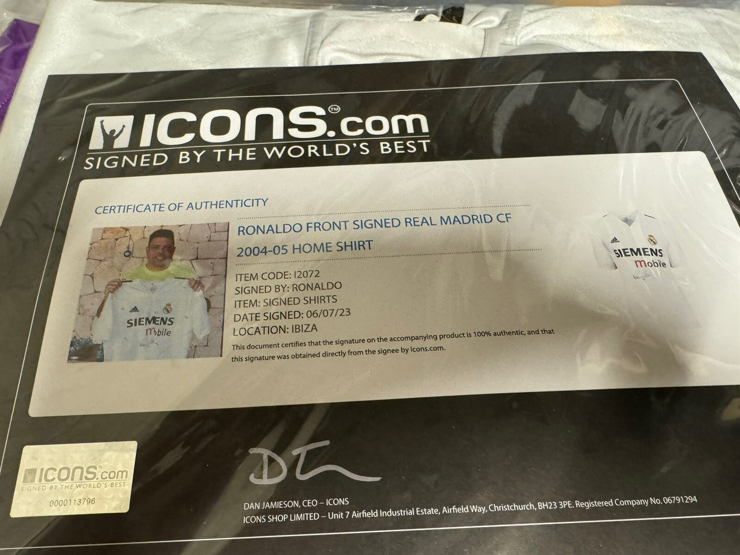 Ronaldo Nazario front signed Real Madrid jersey with Icons certificate