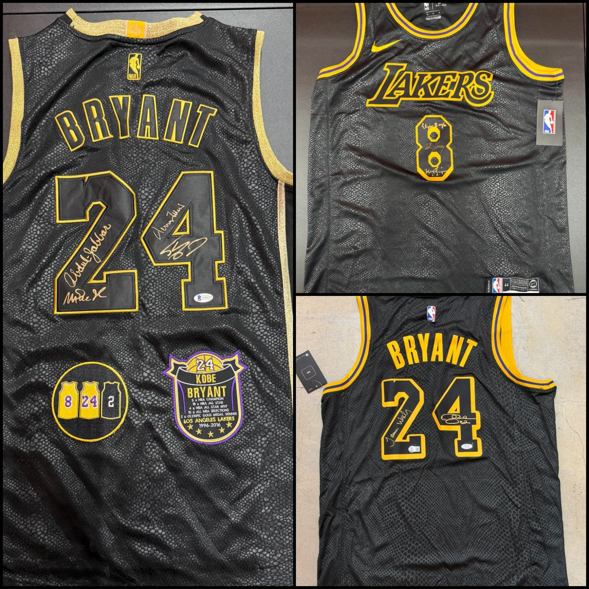 3 Kobe Bryant Lakers Jerseys Signed by Legends Magic Kareem Shaq West Baylor
