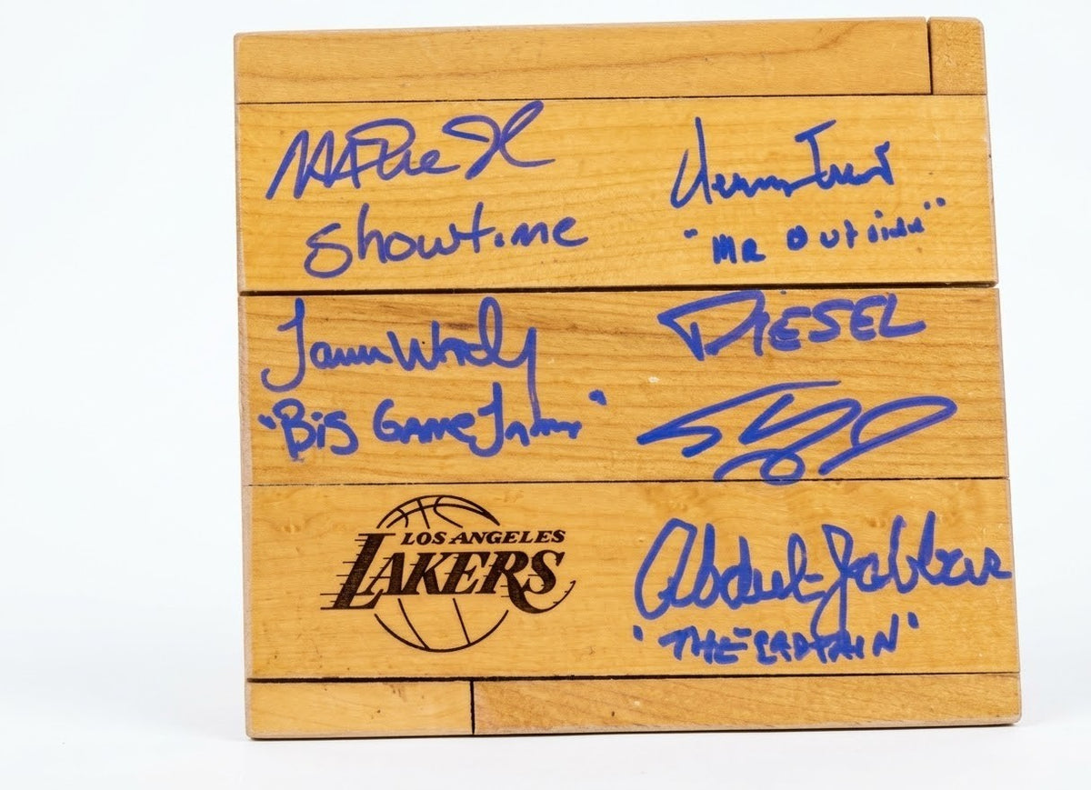 Lakers Legends Signed/Inscribed Floor Piece Magic-Kareem-Jerry West-Shaq-Worthy
