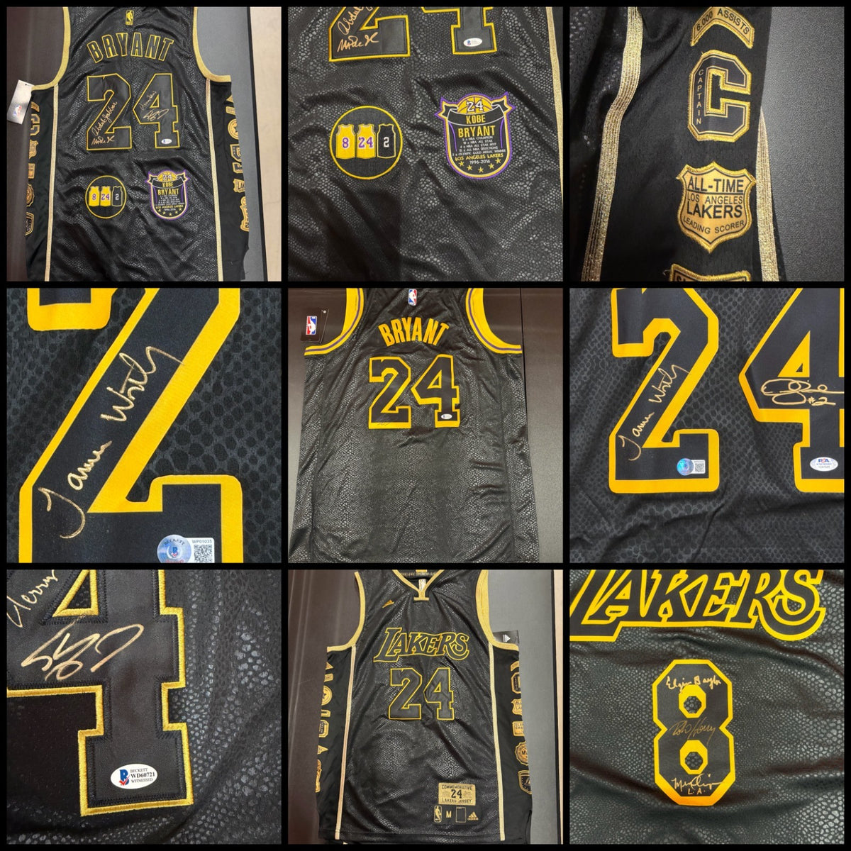 3 Kobe Bryant Lakers Jerseys Signed by Legends Magic Kareem Shaq West Baylor