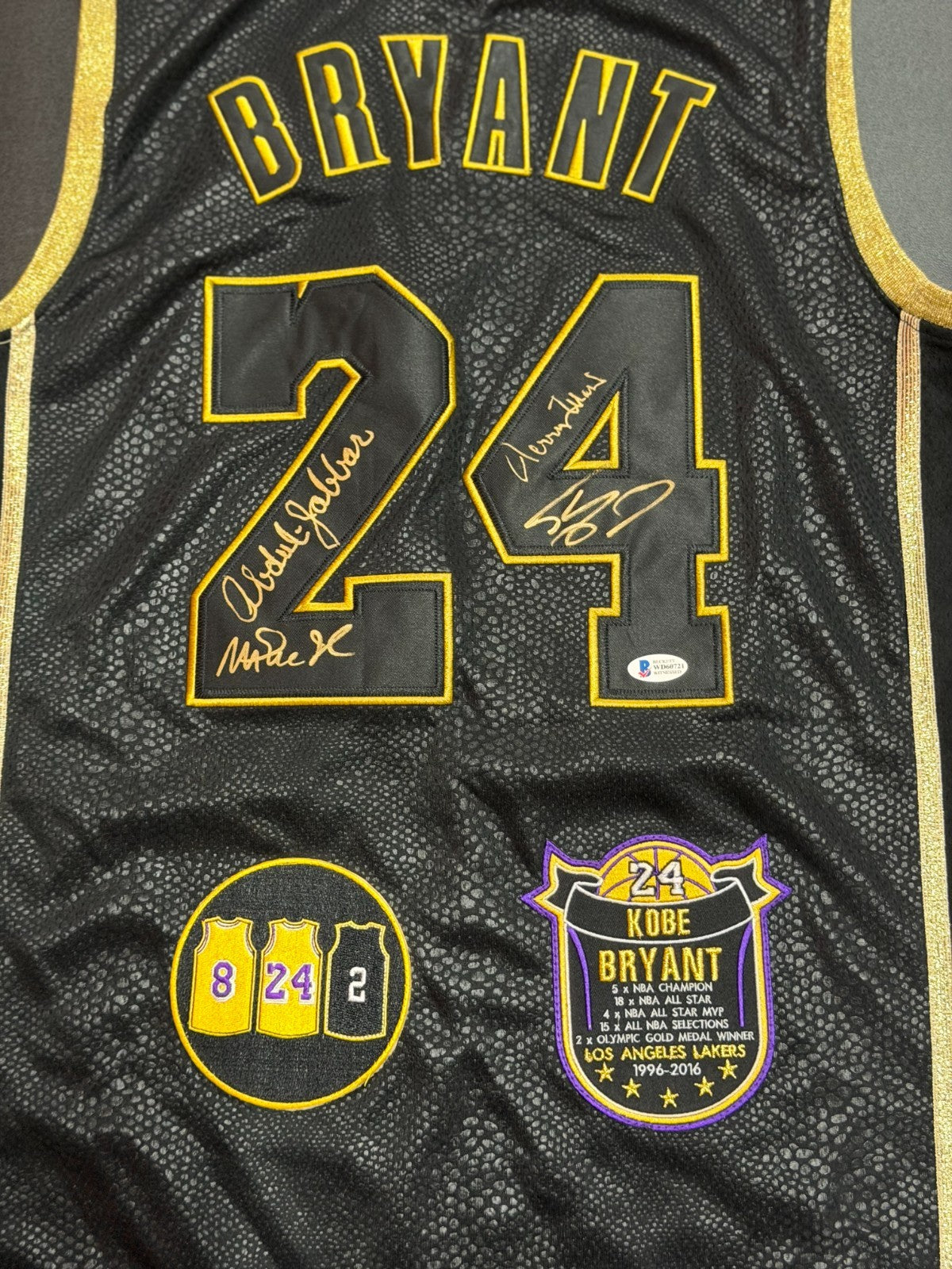 3 Kobe Bryant Lakers Jerseys Signed by Legends Magic Kareem Shaq West Baylor
