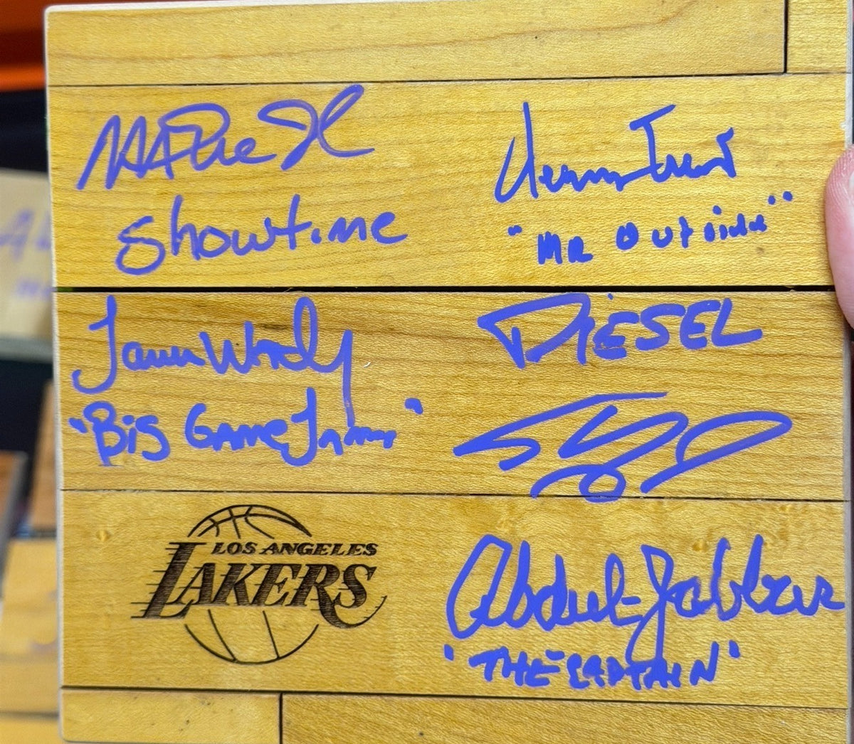 Lakers Legends Signed/Inscribed Floor Piece Magic-Kareem-Jerry West-Shaq-Worthy
