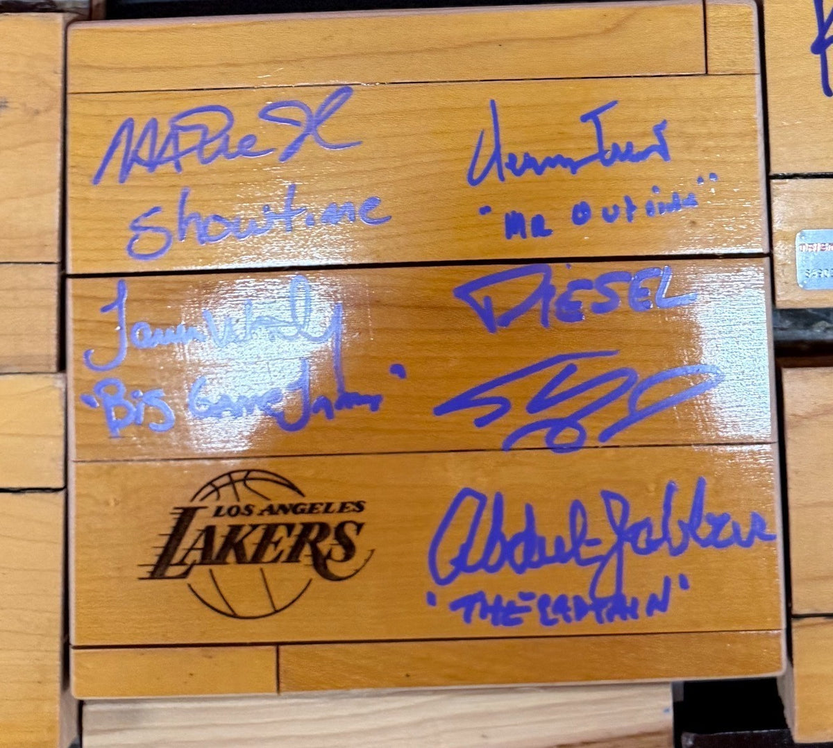 Lakers Legends Signed/Inscribed Floor Piece Magic-Kareem-Jerry West-Shaq-Worthy