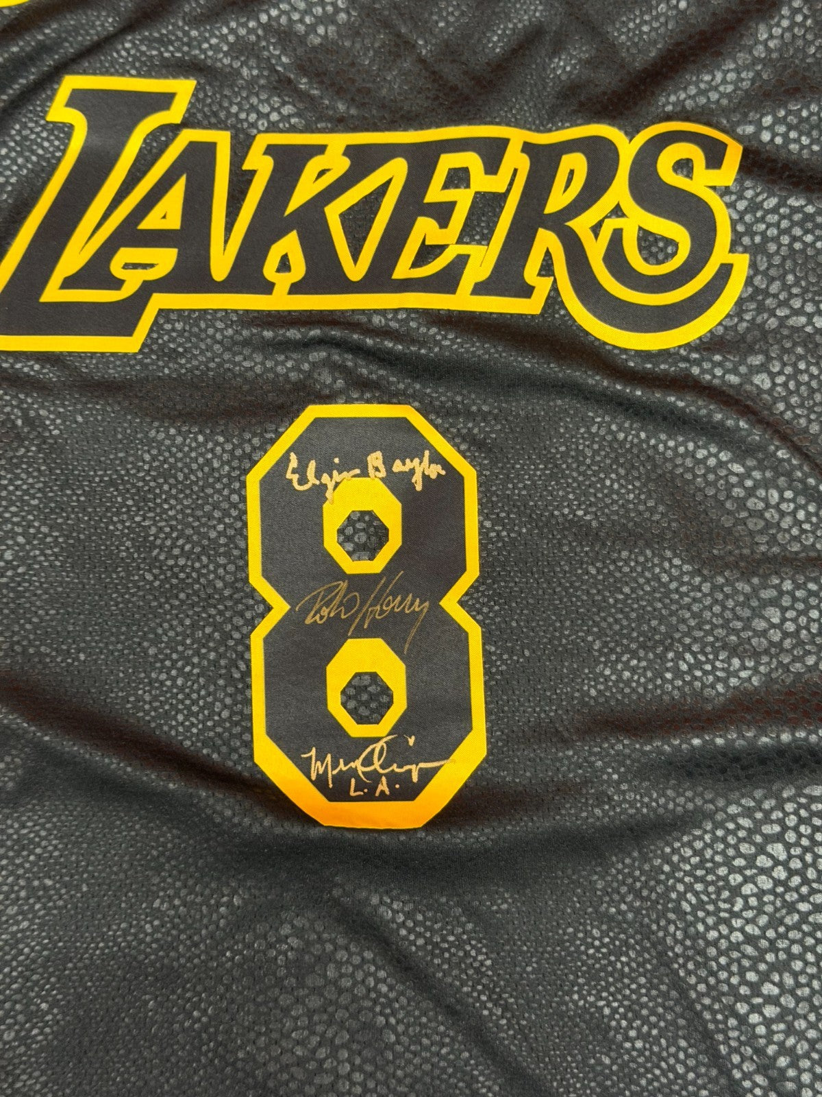3 Kobe Bryant Lakers Jerseys Signed by Legends Magic Kareem Shaq West Baylor