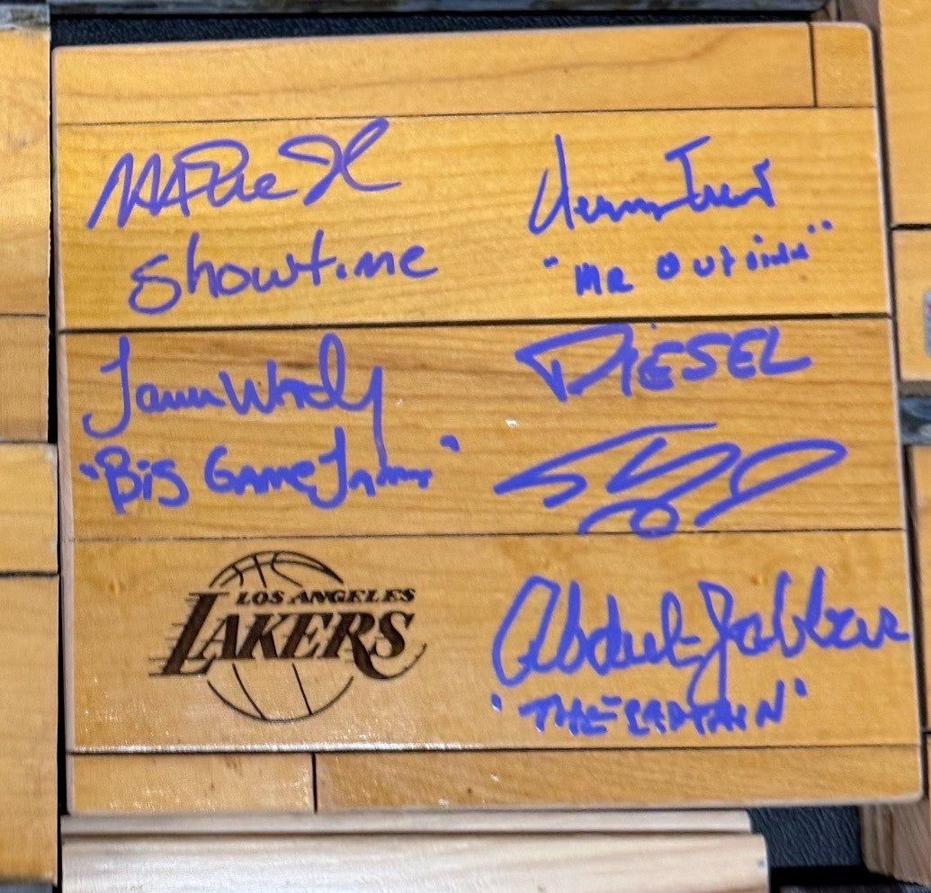 Lakers Legends Signed/Inscribed Floor Piece Magic-Kareem-Jerry West-Shaq-Worthy